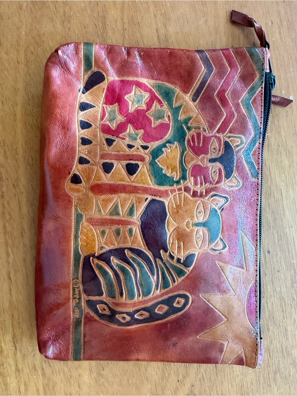 Cat Zip Pouch - Multicolor- Leather purse, pouch from india, 3 zippers